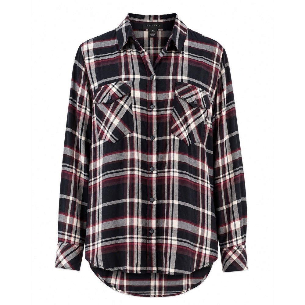 SANCTUARY Plaid Boyfriend Shirt Womens Sz Medium Button Front Shirttail Grunge